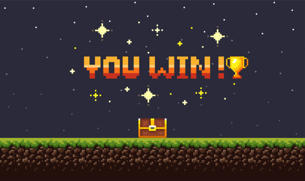 Pixel art night game background with grass, sky and you won game 8-bit text. Game screen pixel