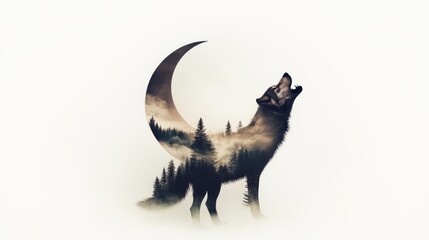 Fototapeta premium Wolf howling under moonlit forest nature art mystical setting surrealism dreamlike perspective