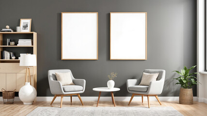 Mockup poster frame on the wall of living room. A stylish reading nook in grey colors