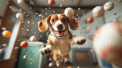 A joyful dog leaps into the air, surrounded by flying baseballs, exuding a sense of excitement and freedom in a playful, upbeat, and dynamic atmosphere.