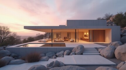 modern, minimalist  architecture, rock face walls with no ceiling. a pastel sunset, modern architecture,   peaceful atmosphere
