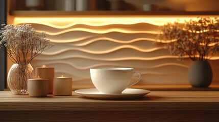 Obraz premium Cozy evening scene with coffee cup, candles, and dried flowers on wooden surface.