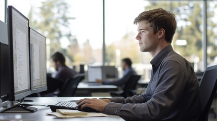 Young professional engineer sitting in modern office. Focused on computer screen, which displays 3D modeling software, construction projects. Office environment, other colleagues working at their desk
