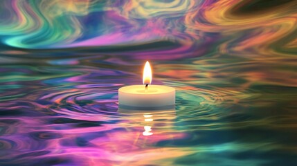 A single white candle floats on colorful, rippling water, its flame glowing brightly.