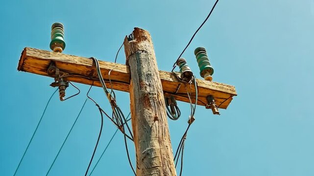 Utility pole with electrical wires and insulators against a clear blue sky during midday