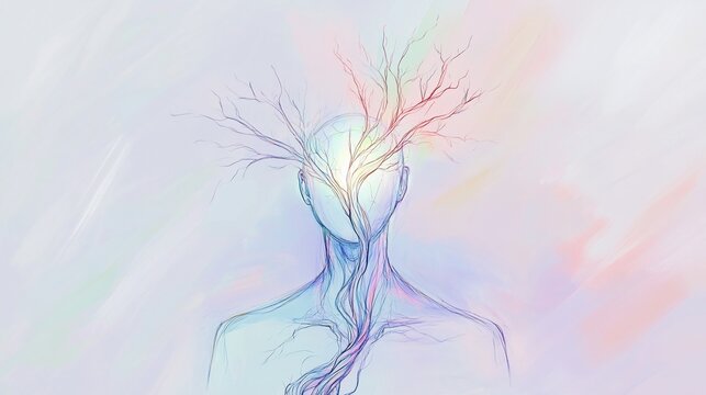 Abstract pastel painting of a human head with a tree growing out of it, symbolizing growth, inner peace, and enlightenment.
