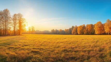 Fototapeta premium A serene autumn landscape with golden fields and colorful trees under a clear blue sky.
