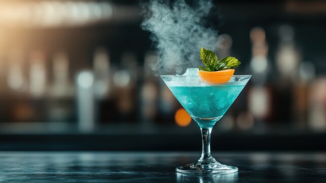 This refreshing cocktail, adorned with orange and mint, showcases an inviting blue color, making it a stunning centerpiece for summer events or outdoor soirées.