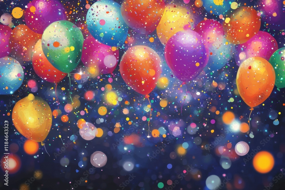 Poster colorful balloons and confetti create a festive atmosphere for joyful celebrations at a nighttime pa
