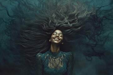 Gorgeous smiling mixed-race girl - for ads, lane poster and social social media ad use. Commercial marketing creative design. Long haircut - afro hair. African elegance fashion inspiration.