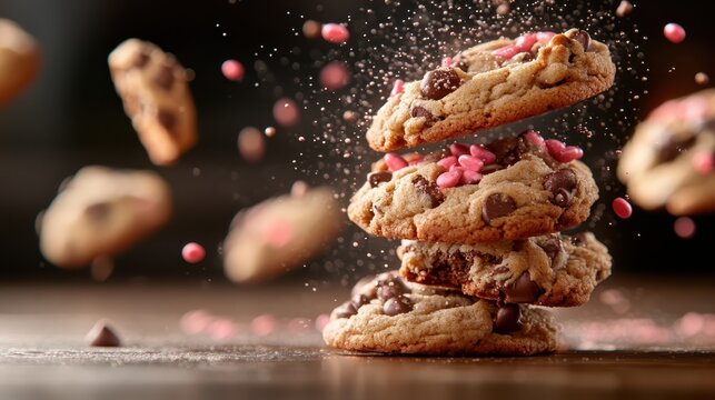 An irresistible display of cookies topped with pink sprinkles, suggesting fun and sweetness, perfect for baking enthusiasts and dessert lovers alike.