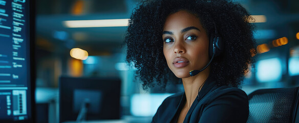 Fototapeta premium Focused african woman in call center with headset providing exceptional customer support in modern office environment