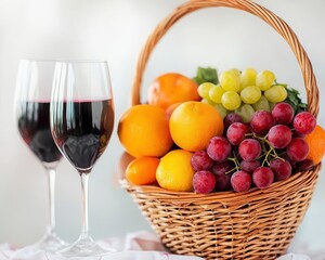 A Valentines picnic basket filled with fresh market fruits and vegetables arranged in a heart, romantic gift, natural love, healthy living
