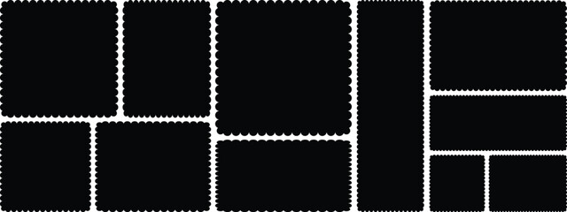 Set of frames with zigzag edge, scallop edge shape. Rectangle shape frame with zigzag edge. Geometric zig zag wavy stickers. Rectangular jagged curved box element. zigzag edge frames