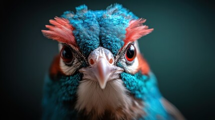 A close-up depiction of a strikingly vibrant bird showcases its intricate feather patterns and reflective eyes, embodying the beauty of nature's creations.