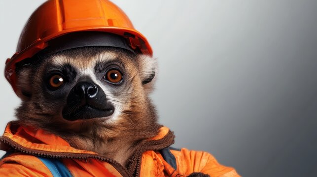 A playful raccoon confidently poses in an orange jacket and hard hat, embodying a lighthearted approach to construction work in a fun and engaging manner.