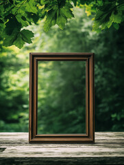 Ein natürlicher Waldweg in einem Bilderrahmen vor einer bewaldeten Kulisse

