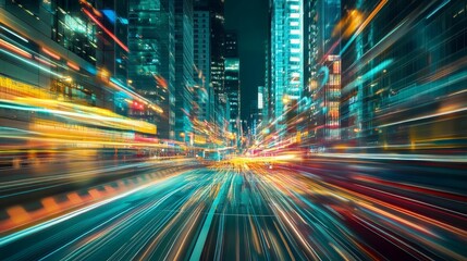 Fototapeta premium City street, vibrant light trails, nighttime speed.