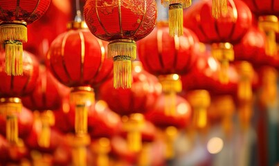 Naklejka premium Red lanterns hanging, Asian market, festival, blurry background