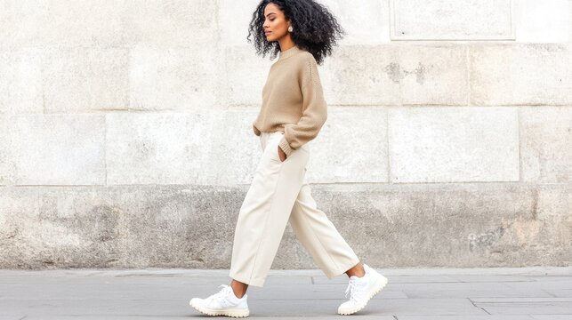 Confidently Chic: A stylish woman with natural curls walks confidently down a city street, radiating poise and effortless style in a beige outfit and white sneakers.  
