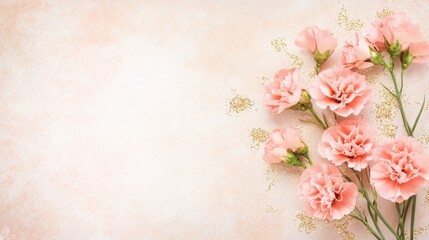 Soft pink carnations with gold glitter on a pastel background, creating a delicate floral composition for spring themes.

