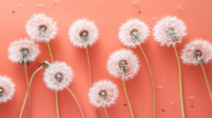 Obraz premium Fluffy white dandelion seed heads with flying pappus on a vibrant coral background. Delicate spring and summer floral abstract pattern, top view.