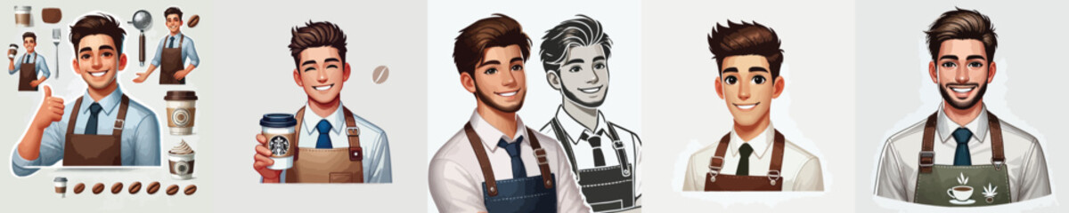 set of handsome coffee barista vector characters