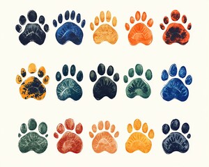 Different animal paw print Colorful paw prints arrangement on a canvas. foot trail print of cat. Dog, puppy silhouette animal diagonal tracks