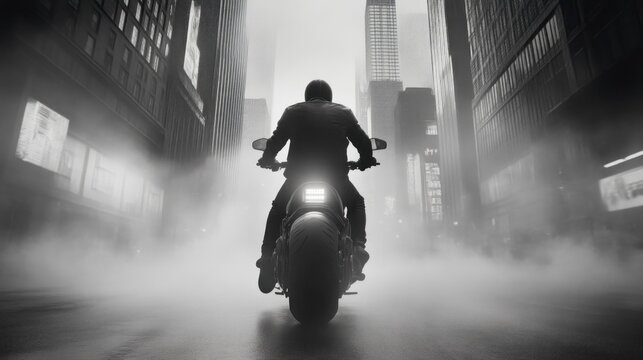 Fototapeta Motorcycle rider navigating foggy urban streets cityscape black and white photography atmospheric rear view adventure