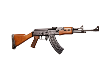 AK-47 Assault Rifle on Transparent Background – Iconic Firearm Design for Military, Tactical, and Security Applications. Perfect for Combat Scenes, Gaming Projects, Educational Materials and Realistic