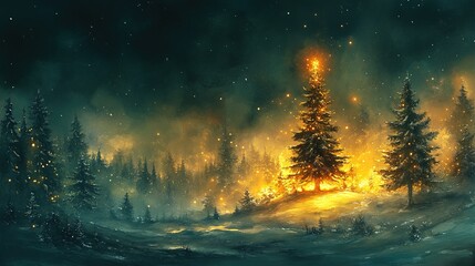 A dramatic forest scene with a glowing tree amidst a smoky, fiery backdrop.