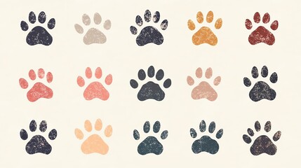 Fototapeta premium Different animal paw print Colorful paw prints in various styles and colors. foot trail print of cat. Dog, puppy silhouette animal diagonal tracks