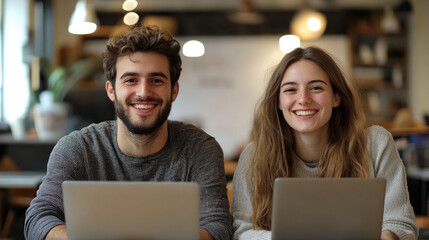 Smiling young man and woman sitting together in a modern office workspace with laptops and warm lighting for collaborative work