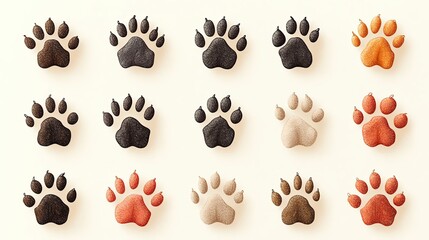 Fototapeta premium Different animal paw print Various colorful animal paw prints displayed. foot trail print of cat. Dog, puppy silhouette animal diagonal tracks