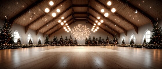 Festive Christmas Event Venue Wooden Hall Decorated with Christmas Trees and Lights