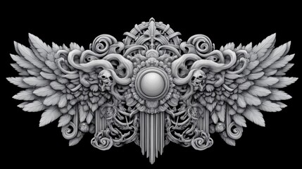 Fototapeta premium Intricate skull and winged design digital sculpture 3d art dark aesthetic close-up view gothic concept