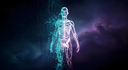 AI evolving from a binary code to a glowing humanoid figure