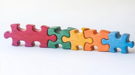 Fototapeta premium Five colorful wooden jigsaw puzzle pieces interlocked in a row on white background.