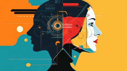 Abstract faces merge, digital data overlays.