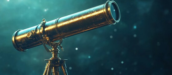 Fototapeta premium Antique brass telescope on tripod against a dark teal background with bokeh.