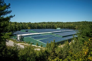 Obraz premium Rural solar farm energy production, woodland background