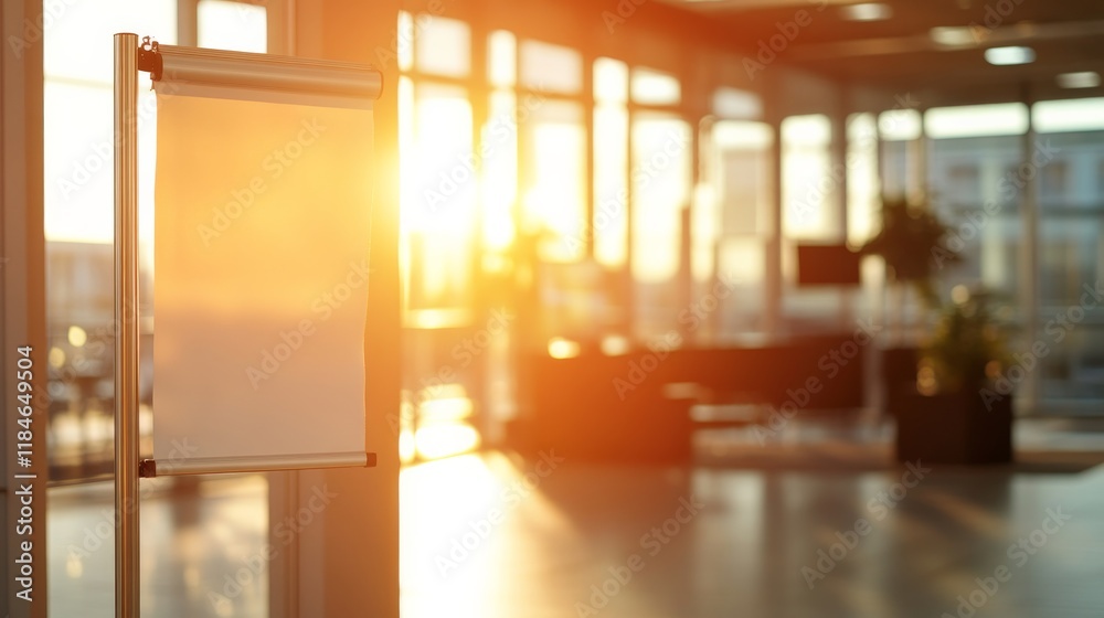 Leinwandbilder A roll-up banner stands prominently in a minimalistic office lobby, illuminated by soft sunlight entering through expansive windows during the day