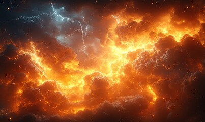 A dramatic depiction of fiery clouds and lightning, showcasing the power of nature.