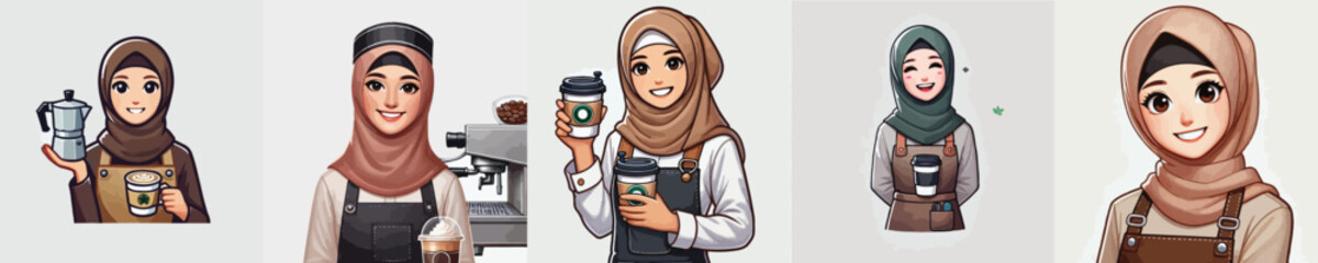 Obraz premium collection of beautiful coffee barista vector characters wearing a hijab smiling