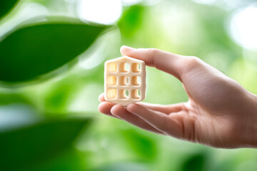 A hand holds a small, white house model amidst lush green foliage, symbolizing nature and sustainable living.