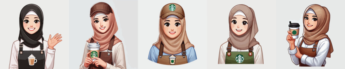 collection of beautiful coffee barista vector characters wearing a hijab smiling