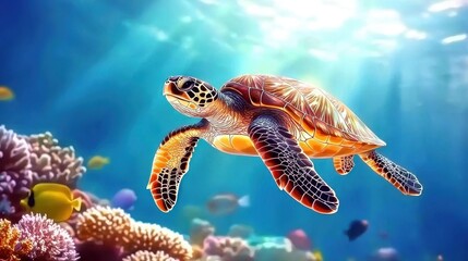 Obraz premium Close-up of a sea turtle swimming in clear ocean waters marine life photography