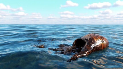 Fototapeta premium A rusted object half-submerged in clear blue water under a bright sky, suggesting themes of pollution and environmental impact.