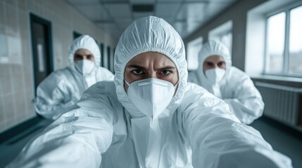 This intense image depicts a medical team wearing full protective suits, focused and ready for action, illustrating the seriousness of health crises and medical resilience.