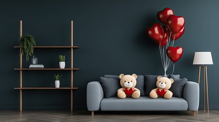 Cozy modern living room showcases a gray sofa with two teddy bears holding a red heart, creating a charming Valentine's Day ambiance